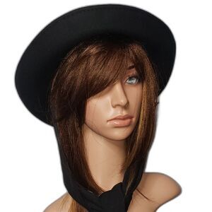 Black Wool Ladies Winter Hat with Attached Neck Tie Scarf One Size